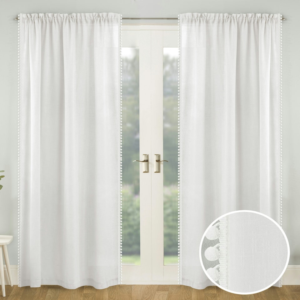 image 1 of Pair of Tahiti White Pom Pom Trim Voile Panels 183 cm (72 inch) Rod Pocket Linen Look Panels for Bedroom and Living Room