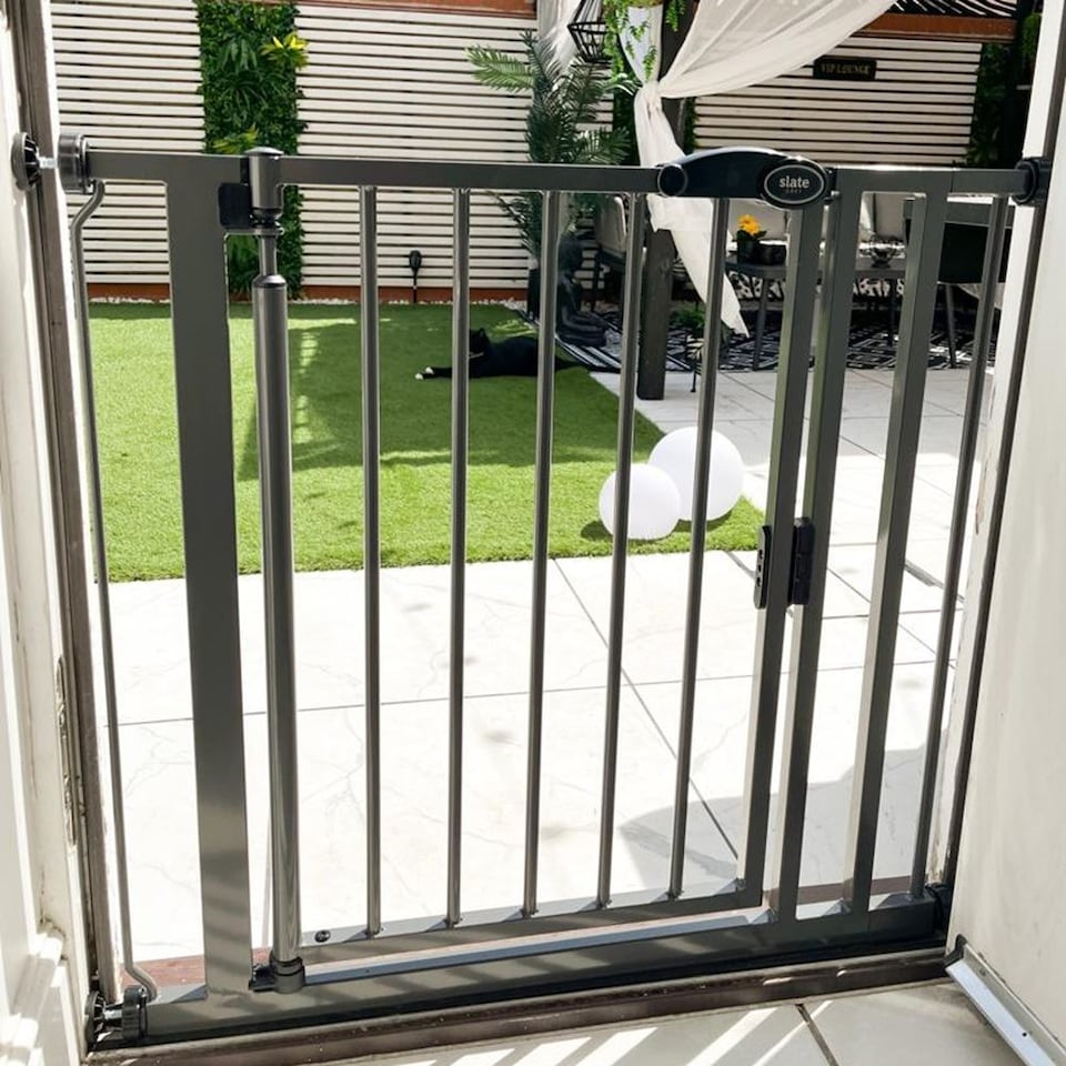 image 1 of Safetots Pressure Fit Self Closing Stair Gate, 89.4cm - 96.4cm, Slate Grey, Auto Closing Baby Gate, Safety Barrier for Toddler, Easy Installation