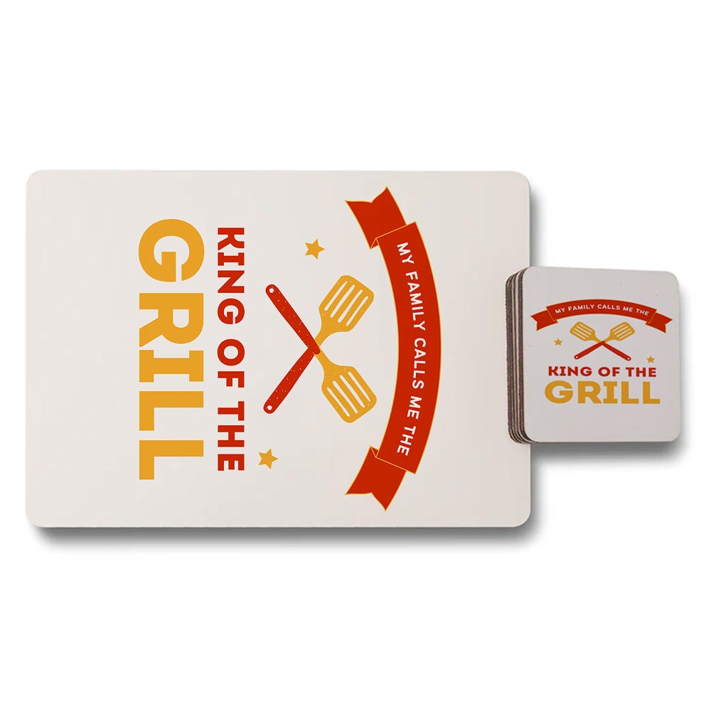 King Of The Grill Placemat Coaster Set With Wood Bottom And Designer Artwork Edition