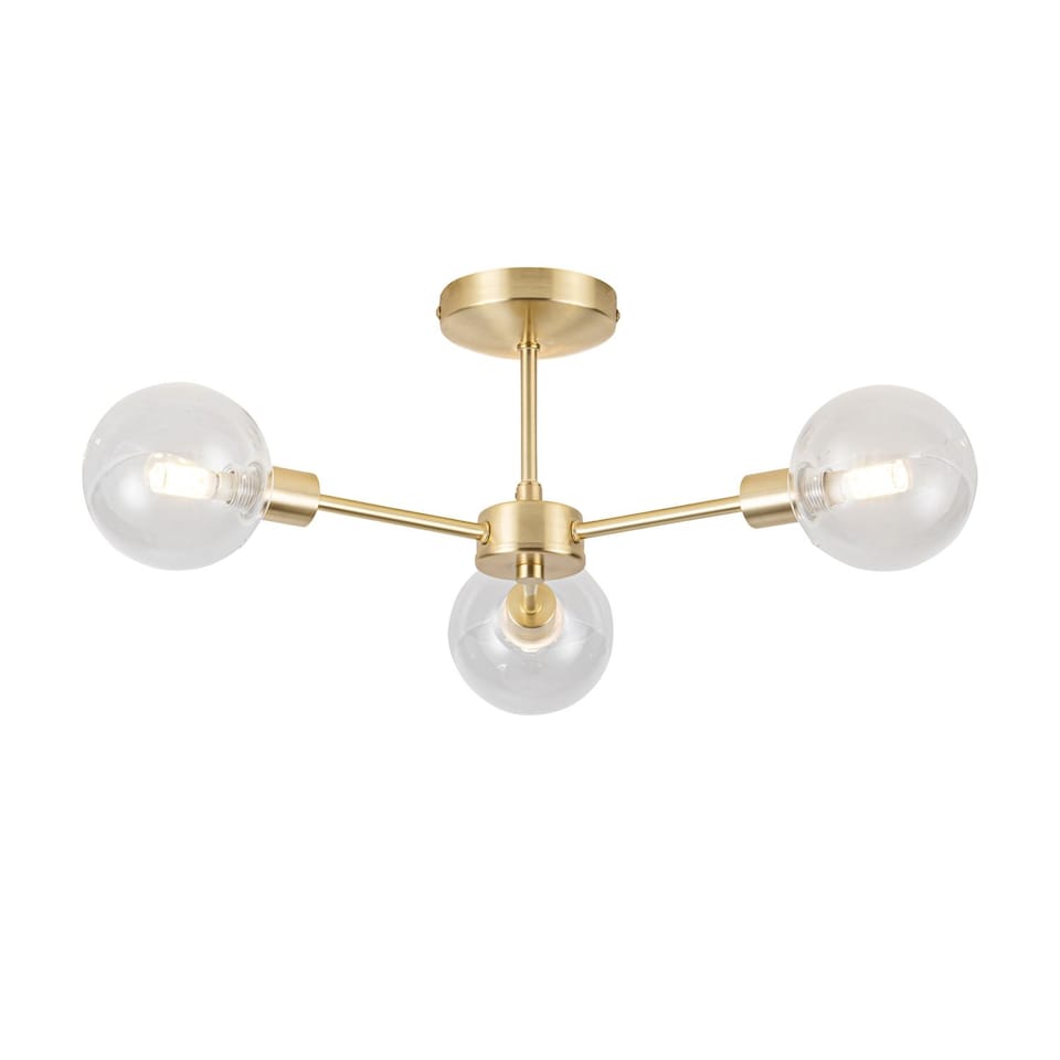 image 1 of Toner - Satin Brass with Clear Glass Globes 3 Light Flush Ceiling Light | Gold | Clear | 1