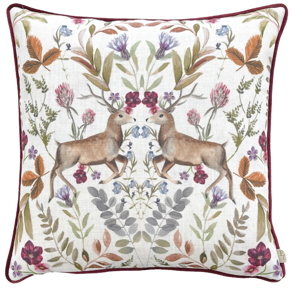 image 1 of Evans Lichfield Mirrored Stag Watercolour Printed Piped Cushion, Shiraz, 43 x 43cm