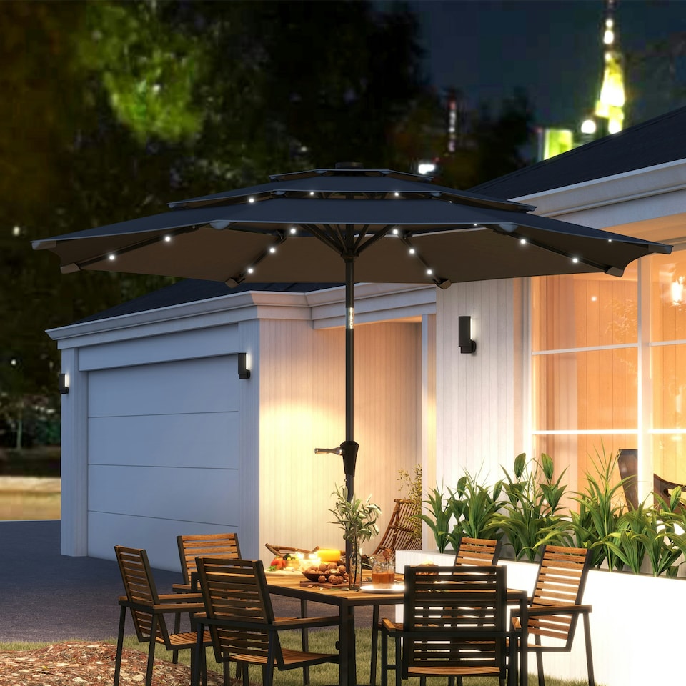 image 1 of Outsunny 3-Tier Garden Parasol w/ Solar LED Lights, Tilt, Crank Handle 