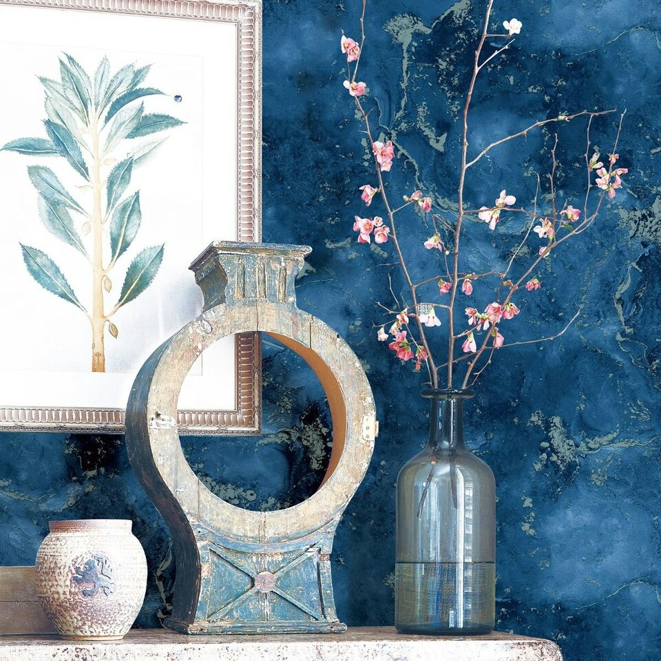 image 1 of World of Wallpaper Luxe Collection Marble Effect Vinyl Textured Wallpaper - Blue/Gold - 10m x 0.5m Blue