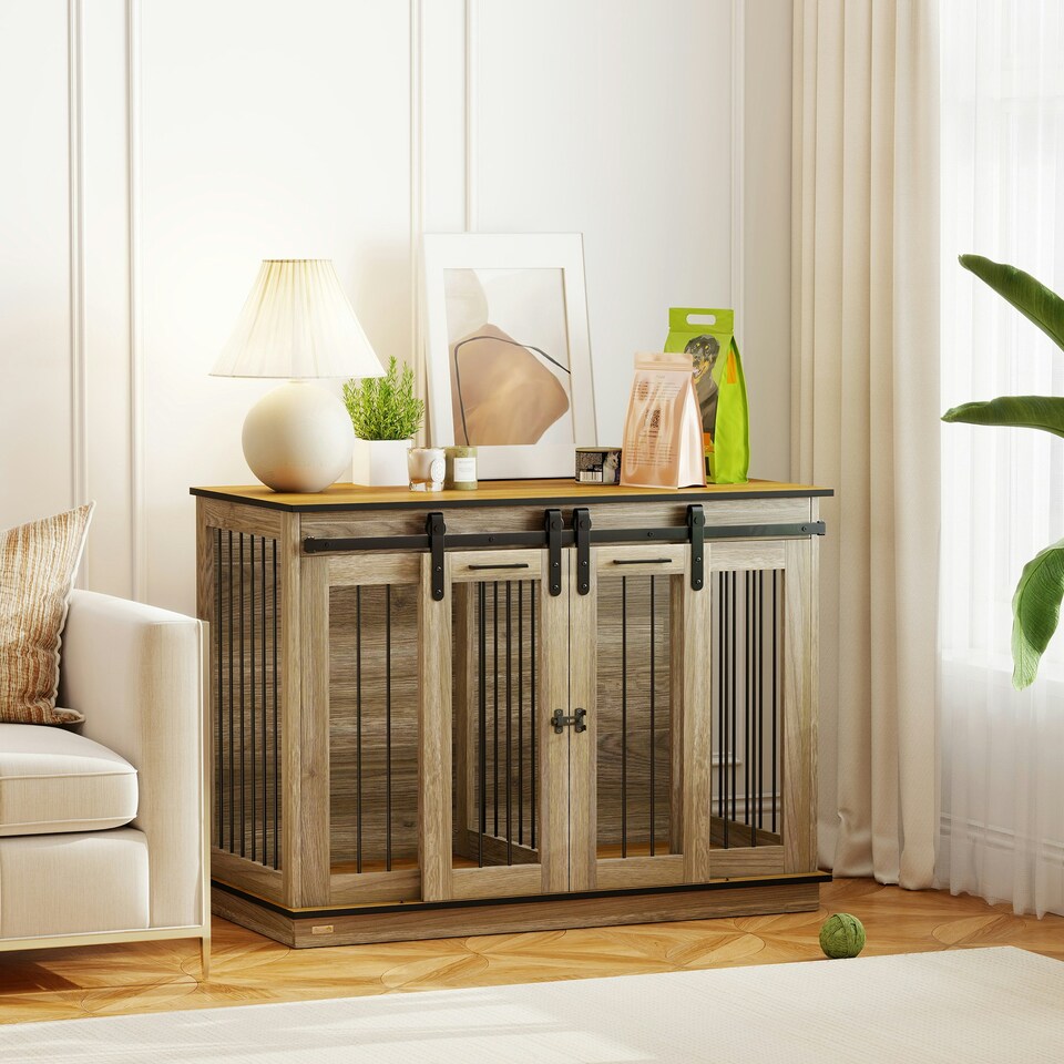 image 1 of PawHut Dog Crate for Large Dogs, Double Dog Cage for Small Dogs, Oak Tone