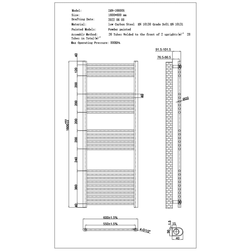 image 1 of Zennor - Black Electric Towel Rail H1600mm x W600mm Straight 800w Thermostatic