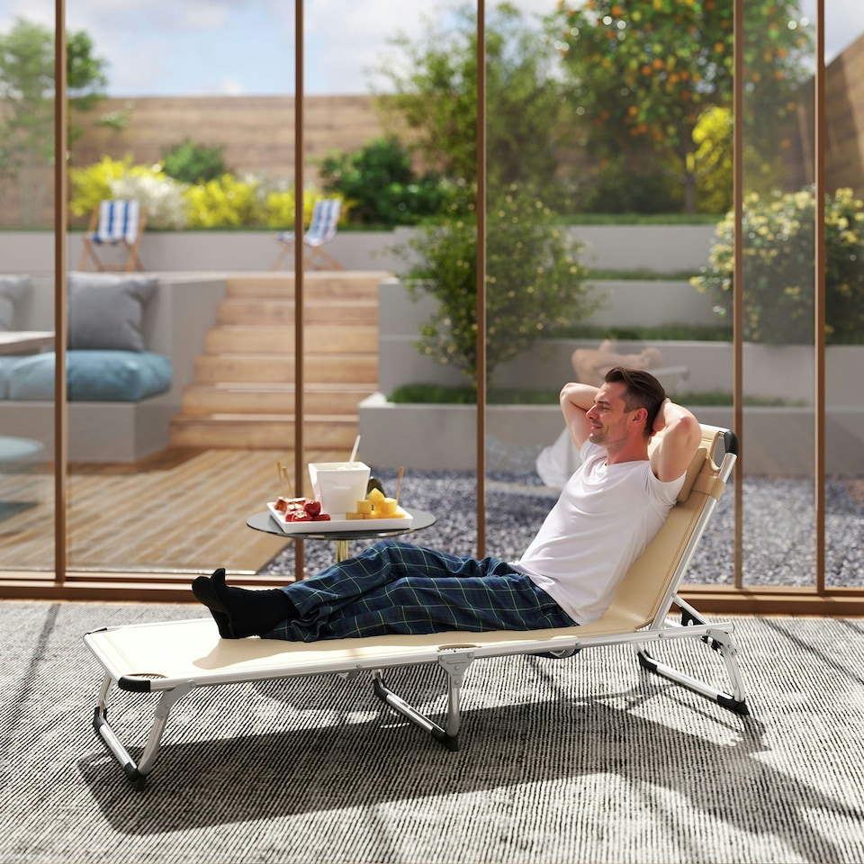 image 1 of Outsunny Folding Outdoor Reclining Sun Lounger Chair Aluminium Frame Khaki