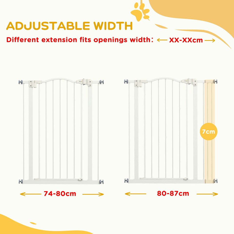 image 1 of PawHut 74-87cm Adjustable Metal Pet Gate Safety Barrier w/ Auto-Close Door White