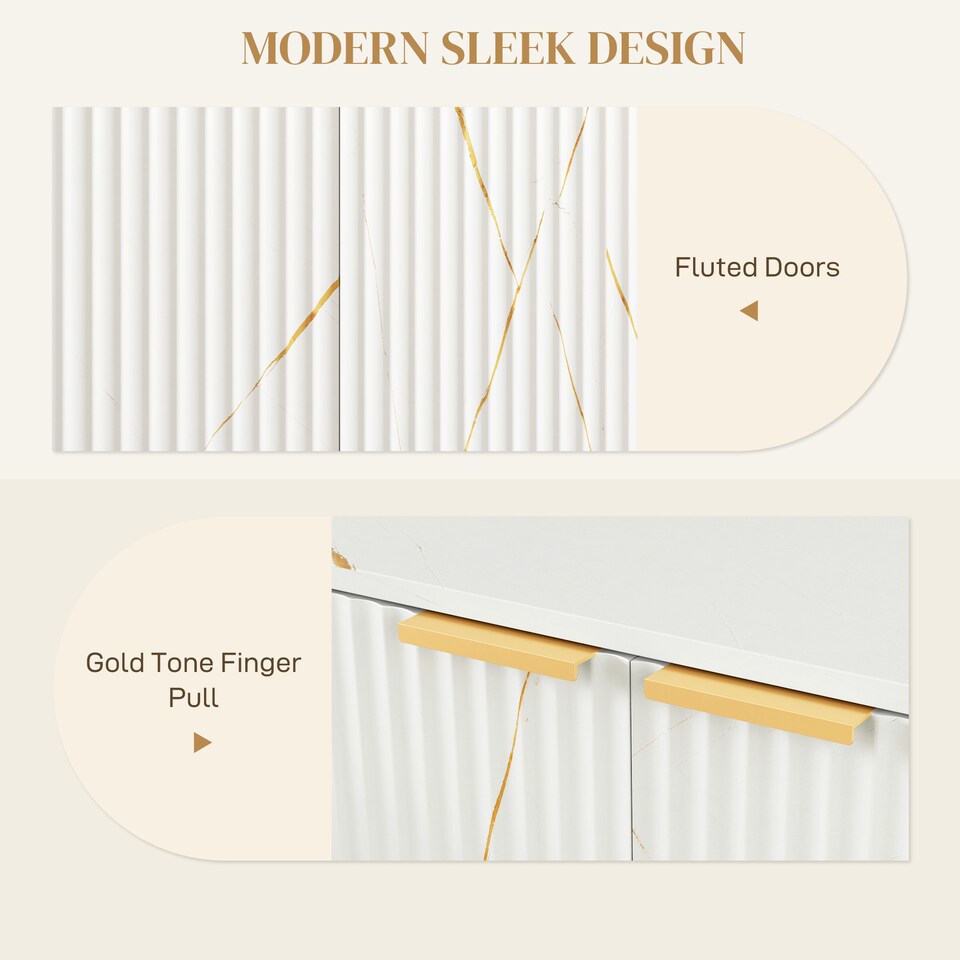 image 1 of HOMCOM Sideboard Storage Cabinet, Marble Effect Buffet Cabinet with 2 Fluted Doors and Adjustable Shelves, Coffee Bar Cabinet with Metal Legs for Living Room, White | White | White