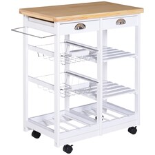 HOMCOM Rolling Kitchen Island Trolley Cart Drawer Shelves Basket Wheels W 6 Bottle Wine Rack White