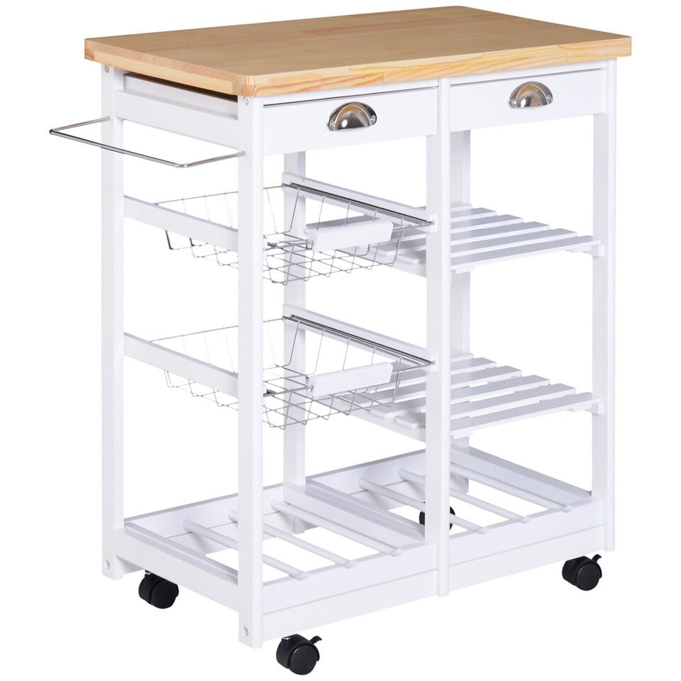 image 1 of HOMCOM Rolling Kitchen Island Trolley Cart Drawer Shelves Basket Wheels W 6 Bottle Wine Rack White
