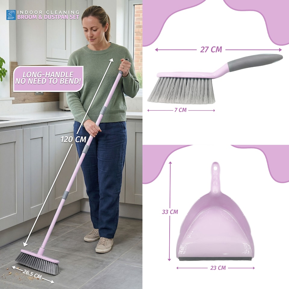 image 1 of 2-in-1 Indoor Sweeping Broom & Dustpan Set Ergonomic Floor Cleaning Kit | Multi | Lilac