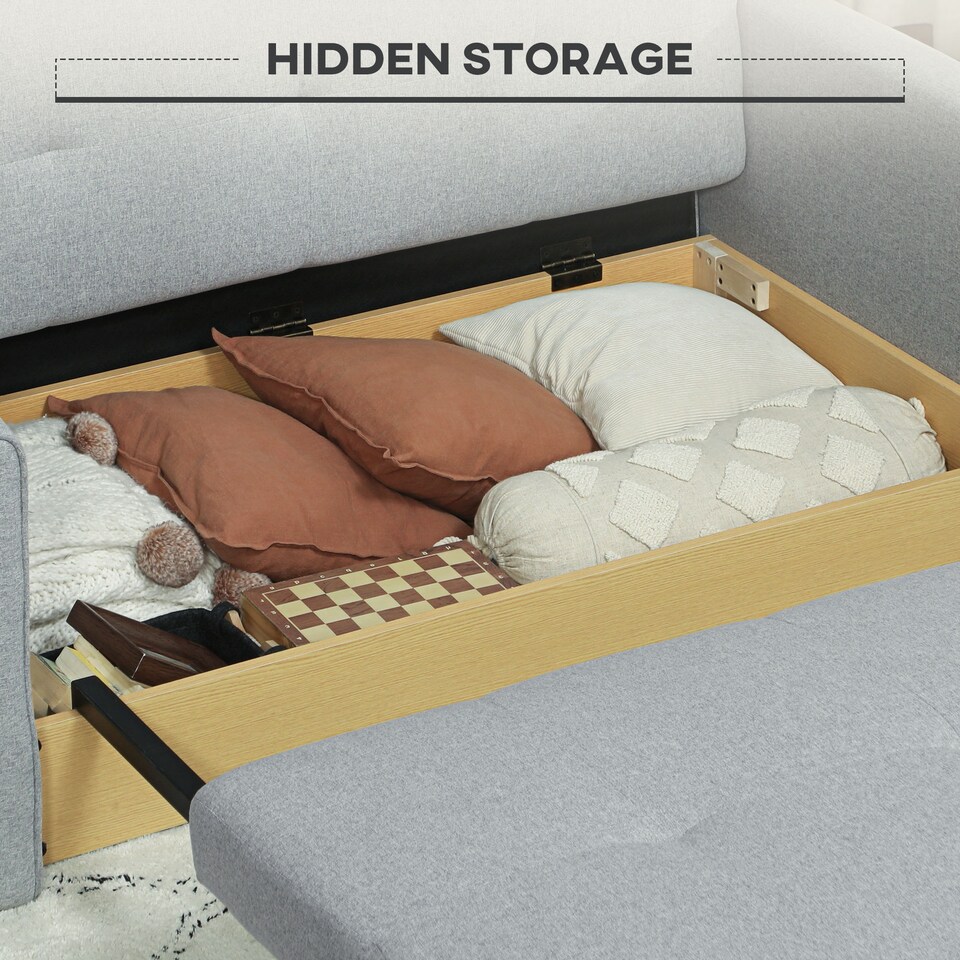 image 1 of HOMCOM 2 Seater Sofa Bed with Hidden Storage, Pull Out Convertible Bed Settee, Modern Linen Loveseat Sofa Sleeper with 2 Cushions for Living Room, Guest Room, Light Grey | Grey | Grey | One Size