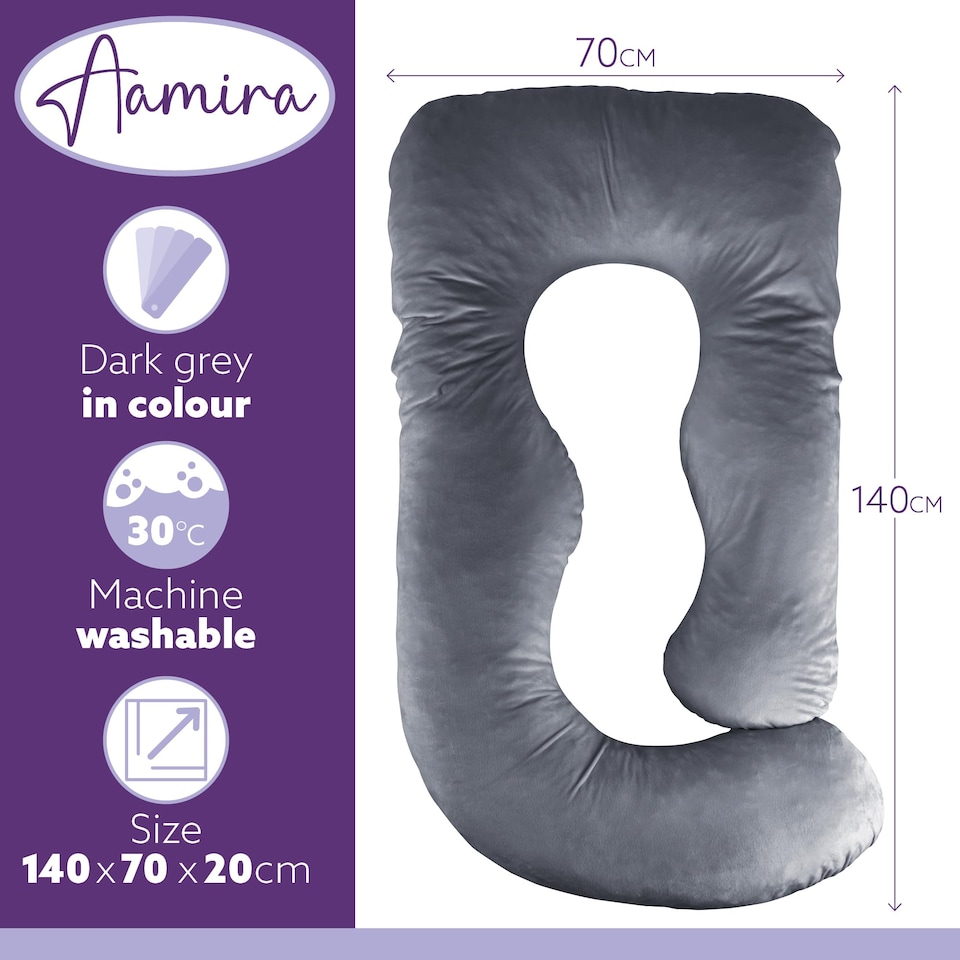 image 1 of Aamira Dark Grey Pregnancy Maternity Pillow, 140x70x20cm J Shaped Memory Foam | Grey | Grey | Standard | 1