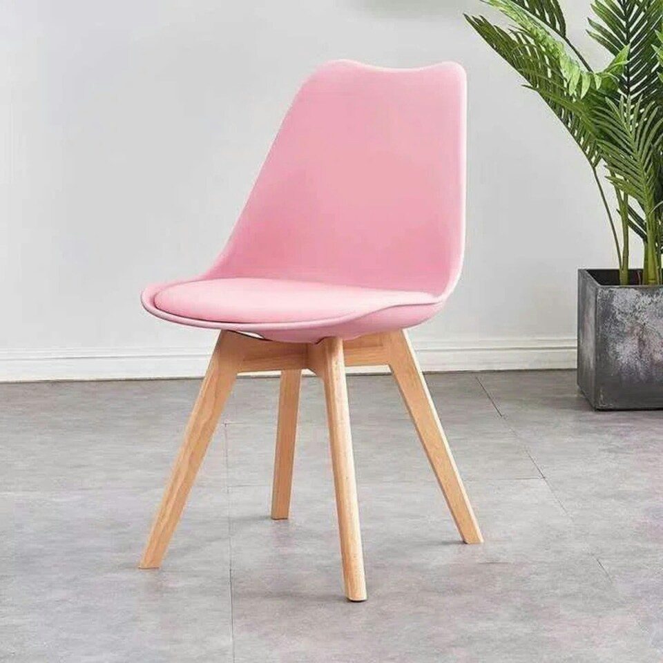 image 1 of Set of 6 Scandinavian Dining Chairs with Leather Cushions Solid Wood Legs Pink
