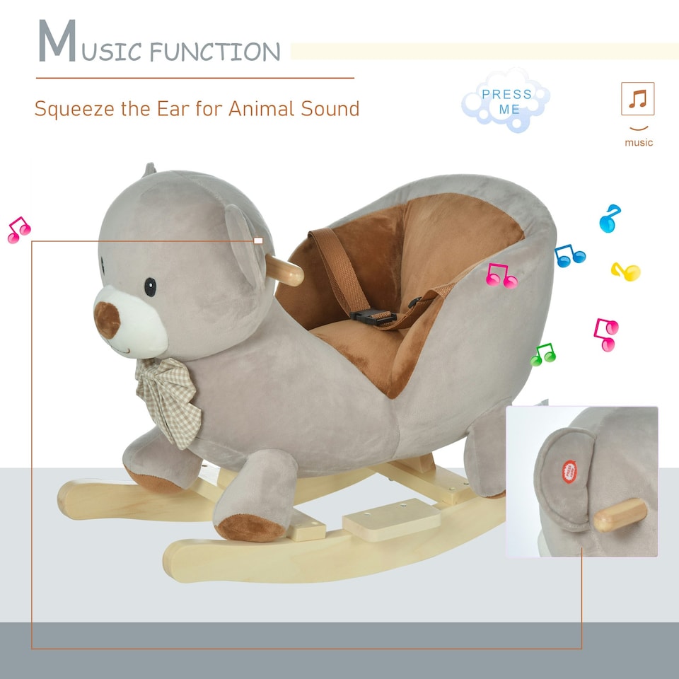 image 1 of HOMCOM Kids Rocking Bear Plush Ride On Seat w/ Sound Button Wood Base Seat Belt