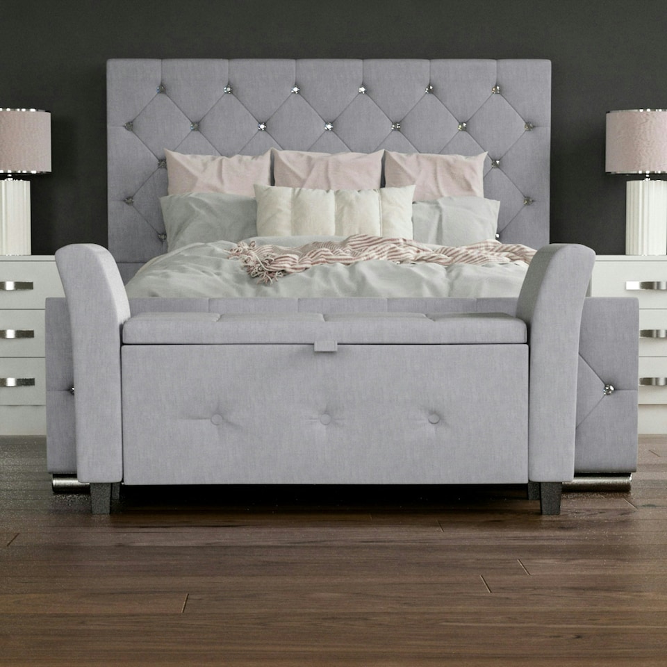 image 1 of Vida Designs Seville Storage Ottoman Bedroom Hallway Chest Bench, Light Grey Linen Grey | Light Grey Linen