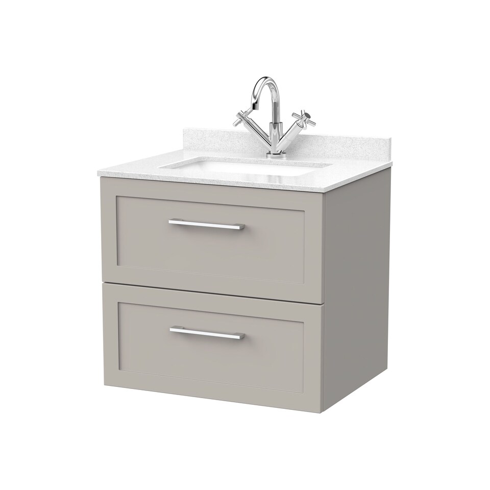 image 1 of Stonnall Traditional Wall Hung 2 Drawers Vanity Unit with Marble Top with Basin, 600mm, Pebble Grey