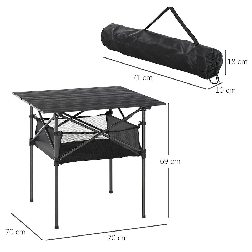 image 1 of Outsunny 70cm Aluminum Roll Top Table w Mesh Bag Camping Outdoor Dining Foldable w Steel Frame Picnic Lightweight Hiking Furniture Desk, Black