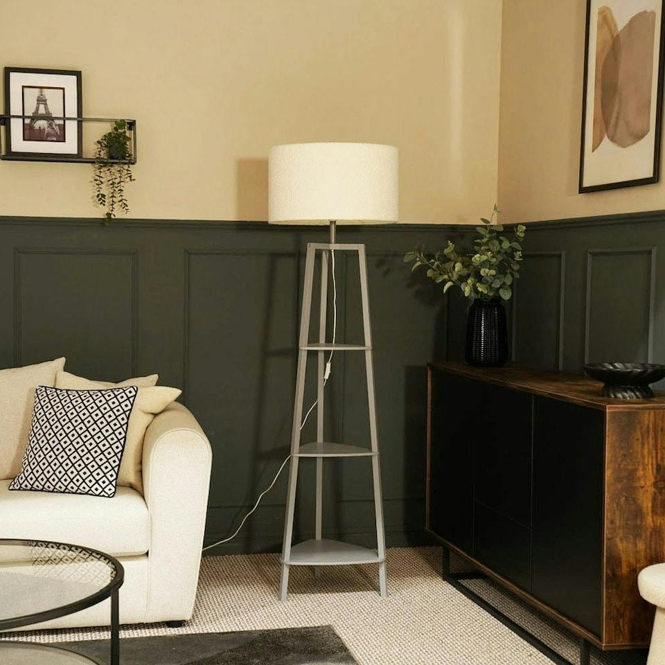 image 1 of ValueLights Hiru Grey 3 Tier Shelf Floor Lamp Cream Shade