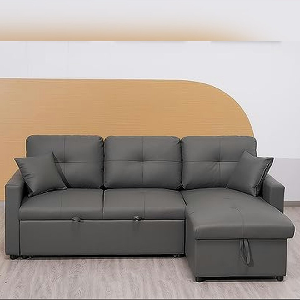 image 1 of Milano 3 Seater L Shape Pullout Sofa Bed with Deep Storage Compartment & Reversible Chaise Grey
