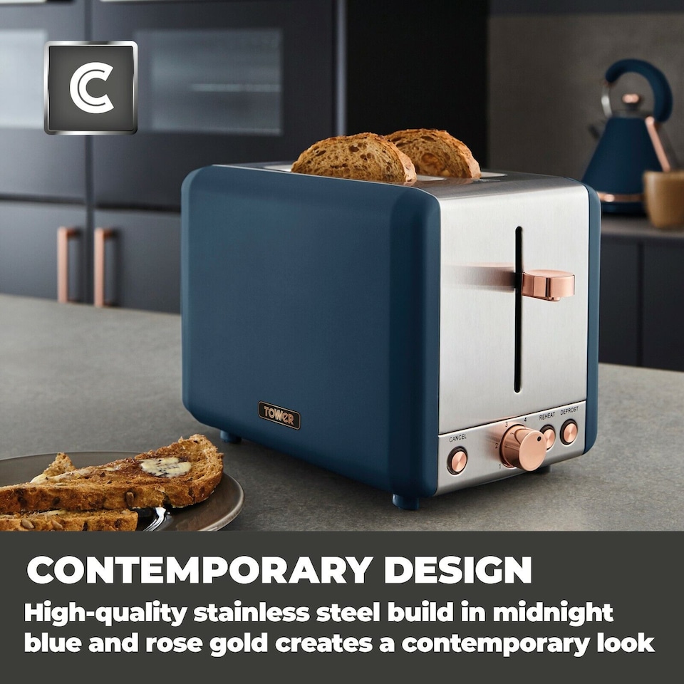 image 1 of Tower Cavaletto Pyramid Kettle & 2 Slice Toaster Set in Midnight Blue & Rose Gold