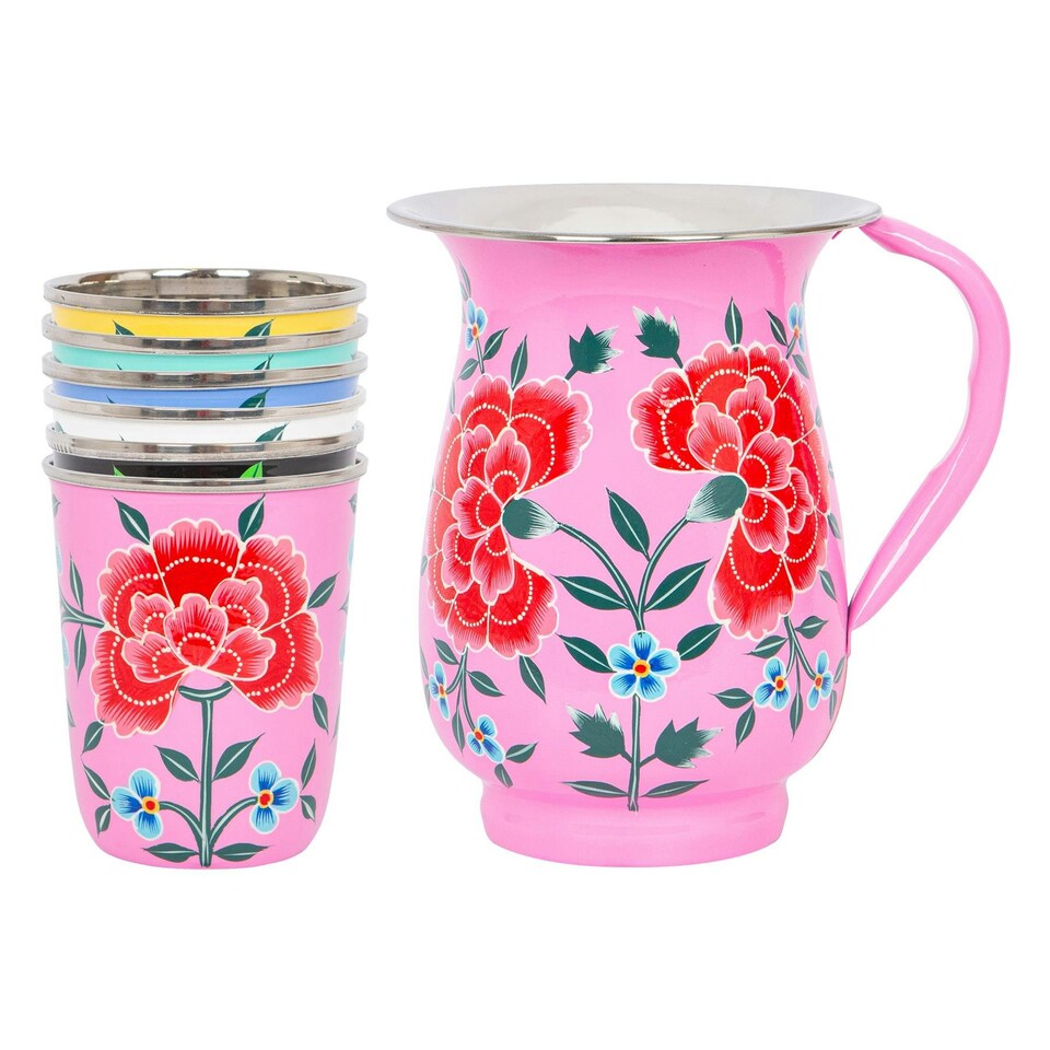 image 1 of BillyCan Hand-Painted Picnic Water Jug with 300ml Multicolour Cups - 1.7L - Raspberry Peony