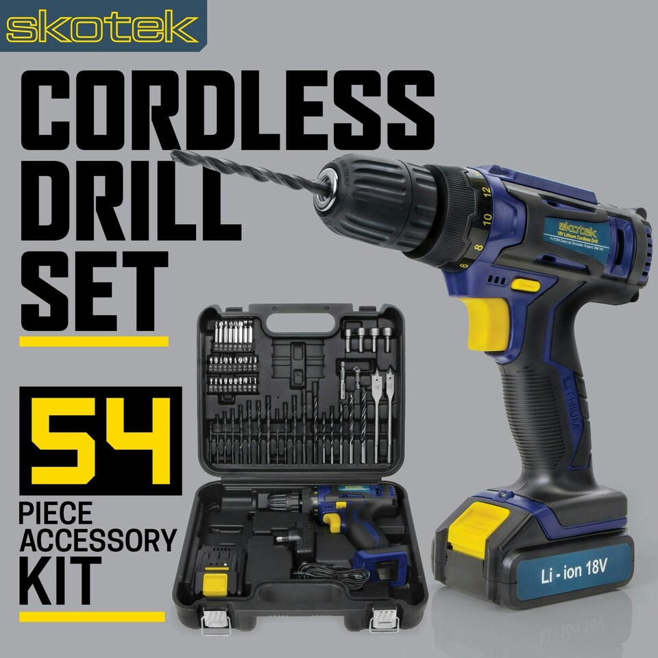 image 1 of Skotek 18V Cordless Drill & 54pc Screwdriver Set (Battery, Charger & Carry Case Included)