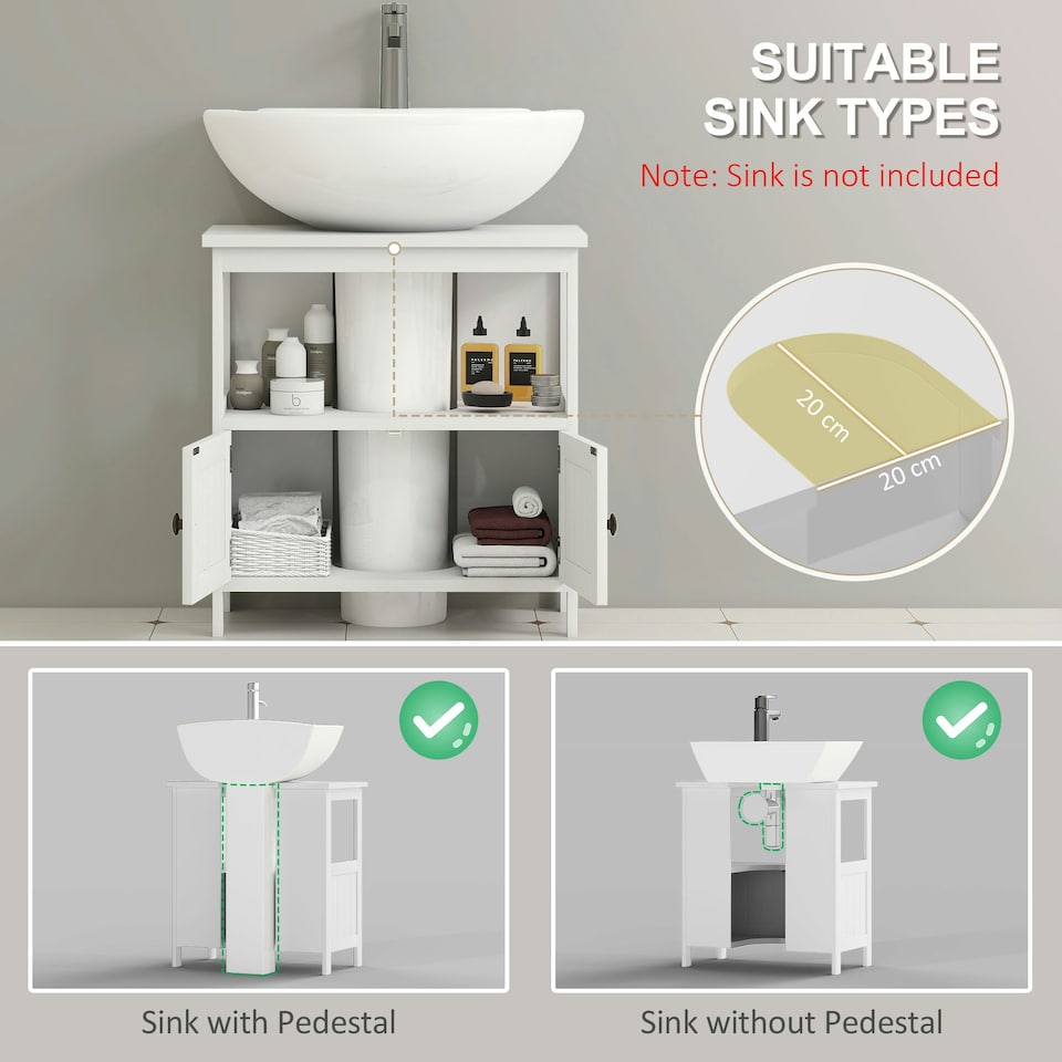 image 1 of kleankin Bathroom Pedestal Under Sink Cabinet with Storage Shelves, Door, White White | White