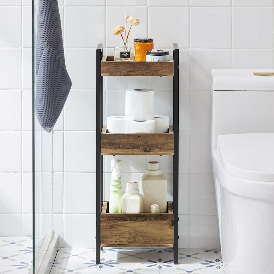 image 1 of SoBuy 3-Tier Slim Bathroom Storage Cabinet, Brown & Black, 11.0x7.9x29.1 in, 4 kg - FRG226-F