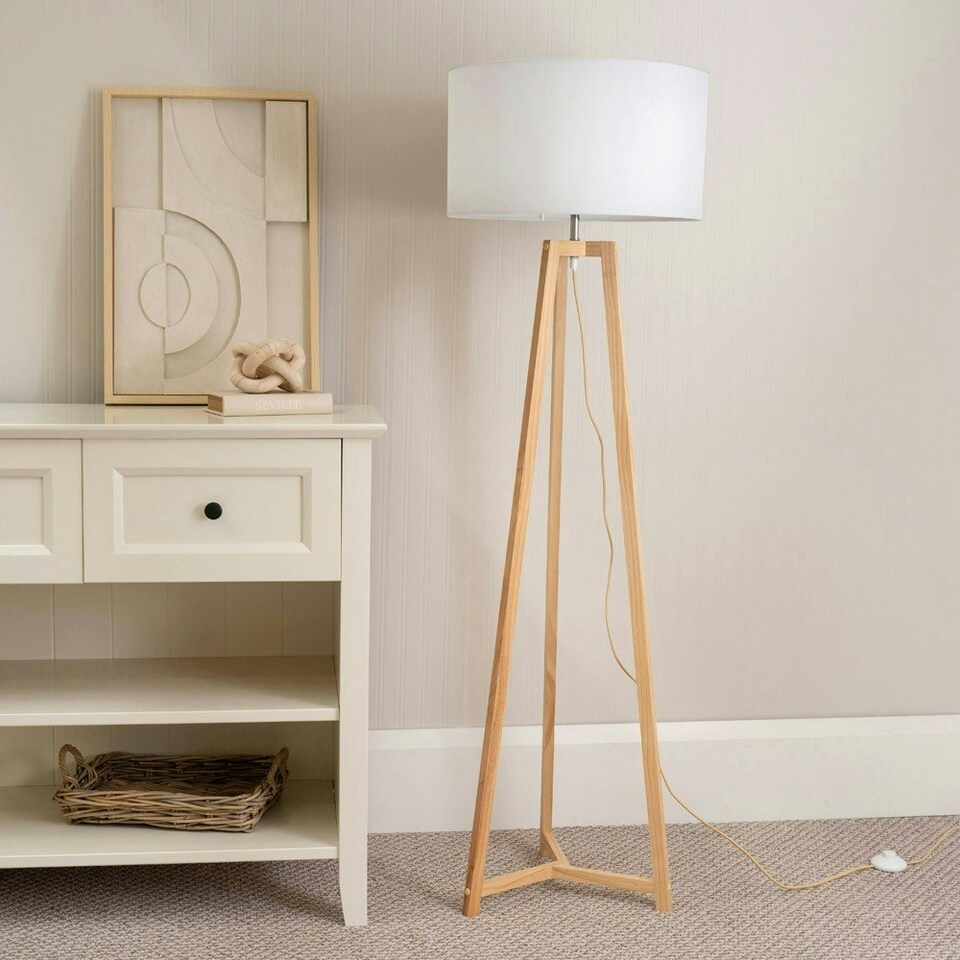 image 1 of ValueLights Lottie Natural Wood Tripod Floor Lamp with White Fabric Drum Shade and LED Bulb