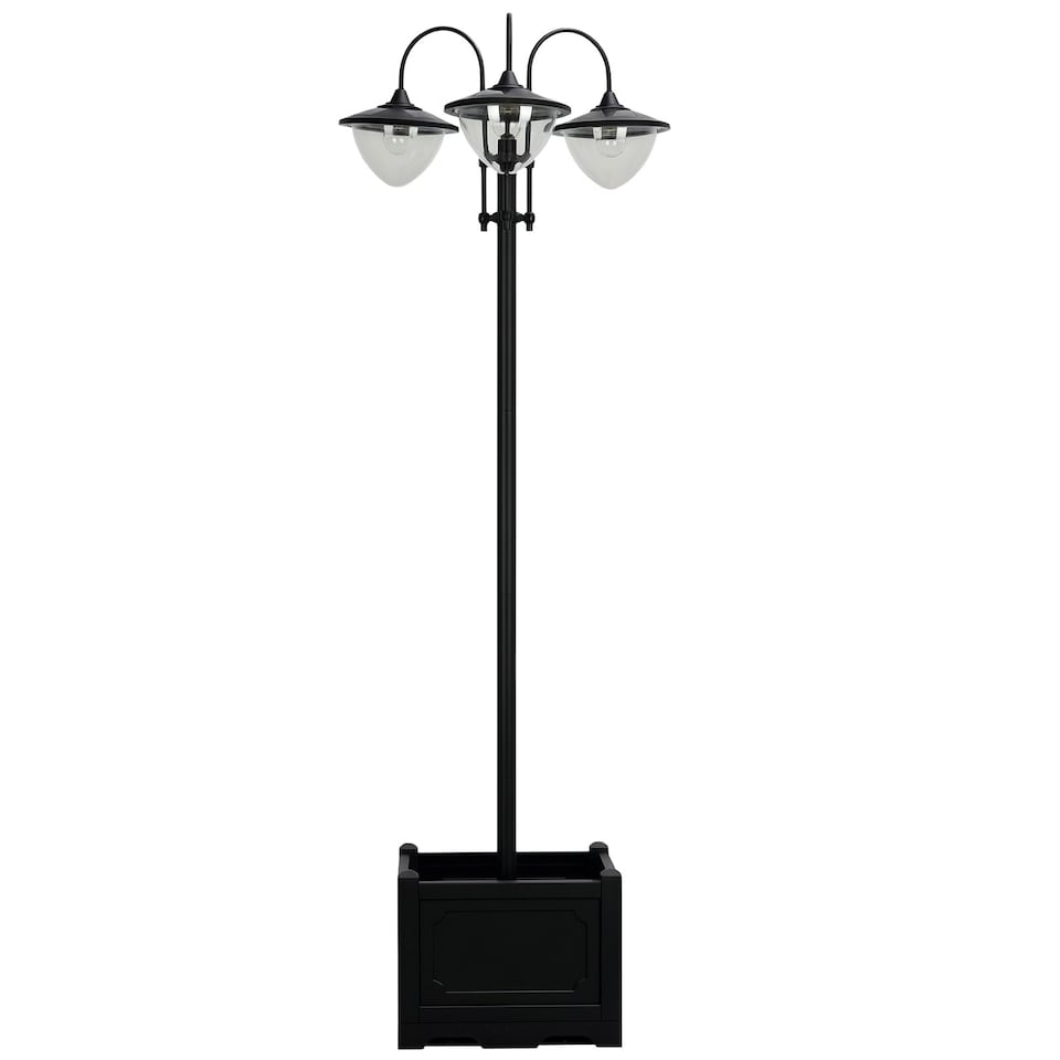 image 1 of Outsunny 3-head LED Solar Light Lamp Street Light Post with Planter Base, Black