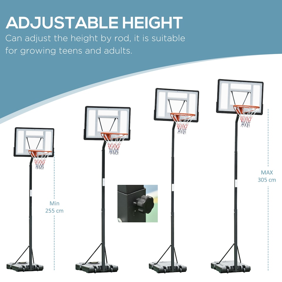 image 1 of HOMCOM Basketball Hoop 255-305cm Height Adjustable Stand with Wheels