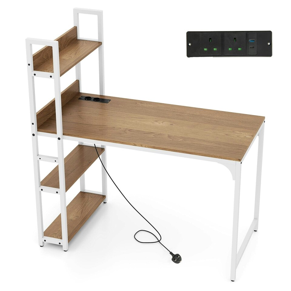 image 1 of COSTWAY Computer Desk Writing Desk with Power Strip Natural Brown