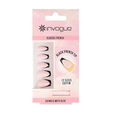 Invogue Black French Tip Coffin Press-On Nails Pack of 24 | Black | Black
