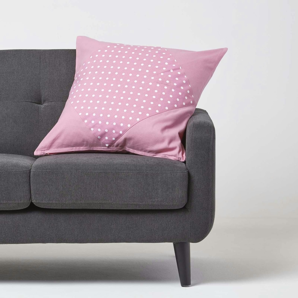 image 1 of Homescapes Cotton Plain Pink and Polka Dots Cushion Cover - 60 x 60 cm | Pink | Pink | 60 x 60 cm