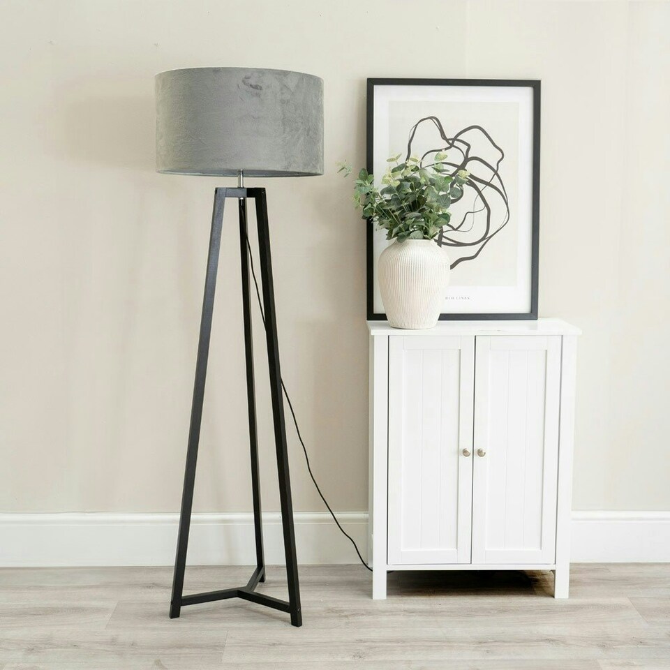 image 1 of ValueLights Lottie Black Wood Tripod Floor Lamp with Grey Velvet Drum Shade
