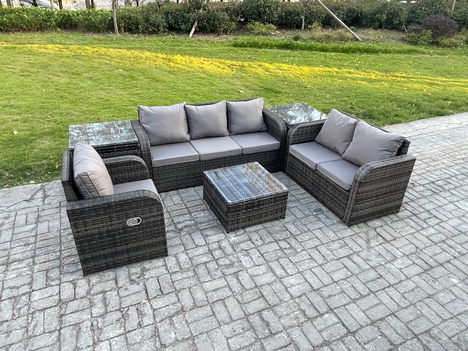 image 1 of Fimous Rattan Garden Furniture 6 Piece Patio Set With Table Sofa Square Coffee Table Reclining Chair Loveseat sofa 2 Side Tables