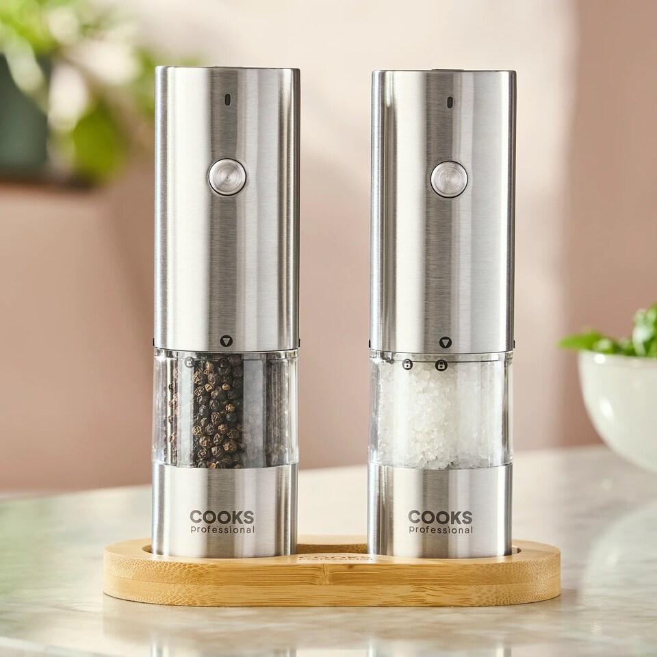 image 1 of Cooks Professional Rechargeable Salt and Pepper Mill Set with Bamboo Base
