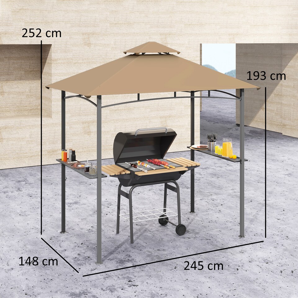 image 1 of Outsunny 2.5x1.5m 8x5 Grill Gazebo Canopy, Double Tiered Outdoor BBQ Gazebo Shelter with 2 Side Shelves for Garden, Patio, Barbecue, Picnic, Khaki