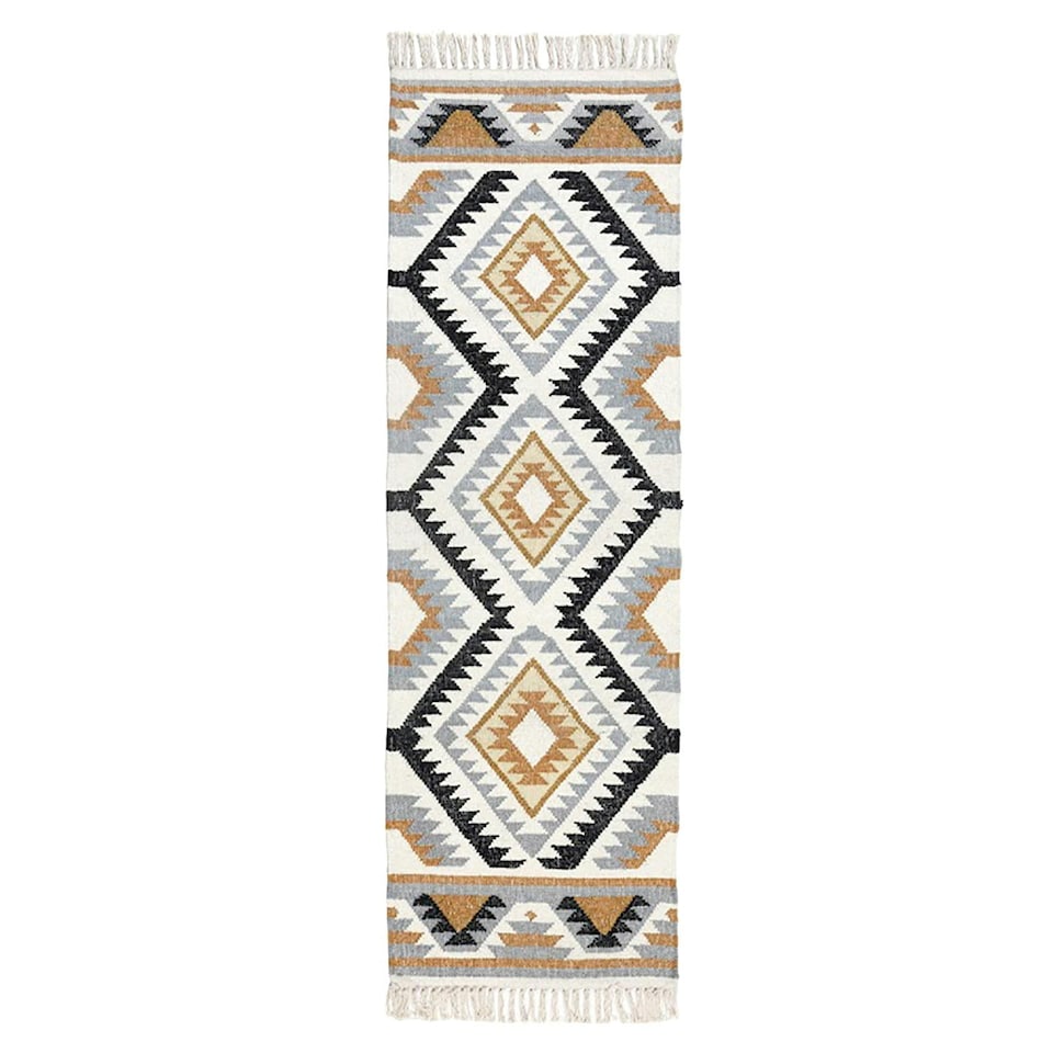 image 1 of Homescapes Agra Handwoven Diamond Kilim Wool Hall Runner - 66 x 200 cm | Multi | Yellow, gold, grey, black and white