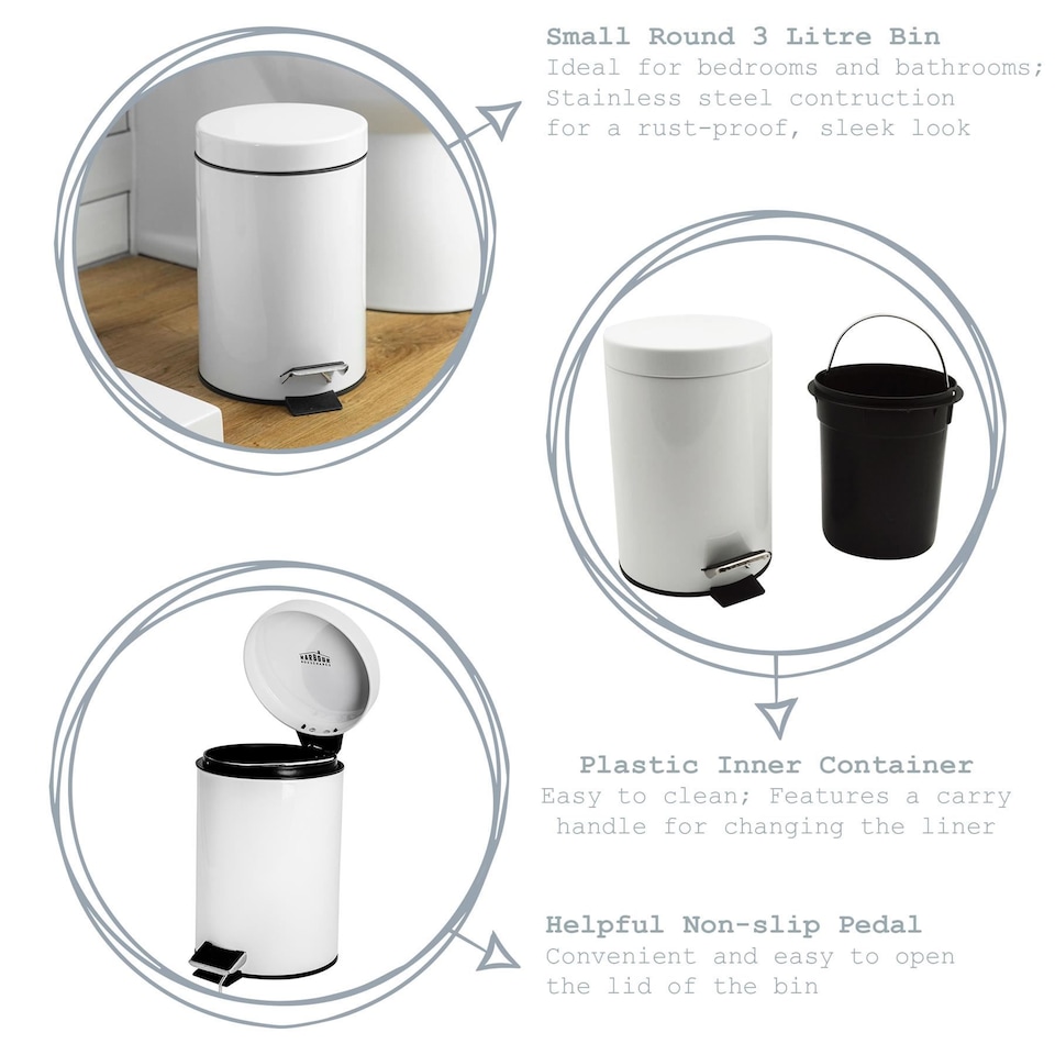 image 1 of Harbour Housewares 2x Bathroom Pedal Bins - 3L - White - Round Stainless Steel Slim Rubbish Dustbin Lid and Inner Liner Bucket