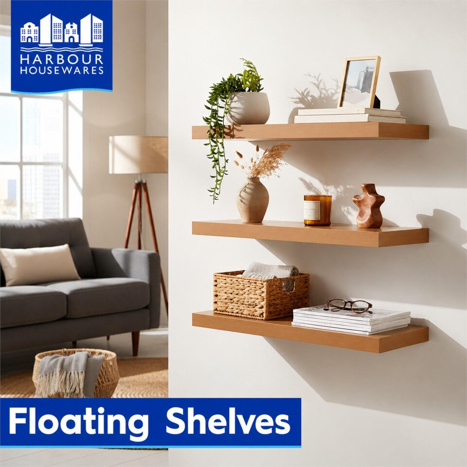 image 1 of Harbour Housewares 100cm Floating Wall Shelf - Photo Gallery Bookshelf Wall Shelves for Storage & Display | Brown | Brown