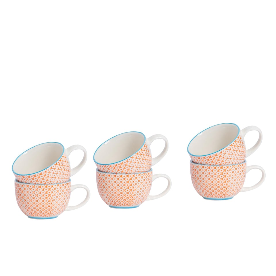 image 1 of Nicola Spring Hand-Printed Rice Bowls - 12cm - Orange - Pack of 6 | Orange | Multi-Coloured