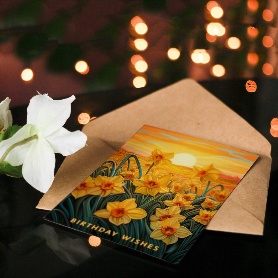 image 1 of Wishes Daffodil Flower Field Sunset For Her Birthday Card