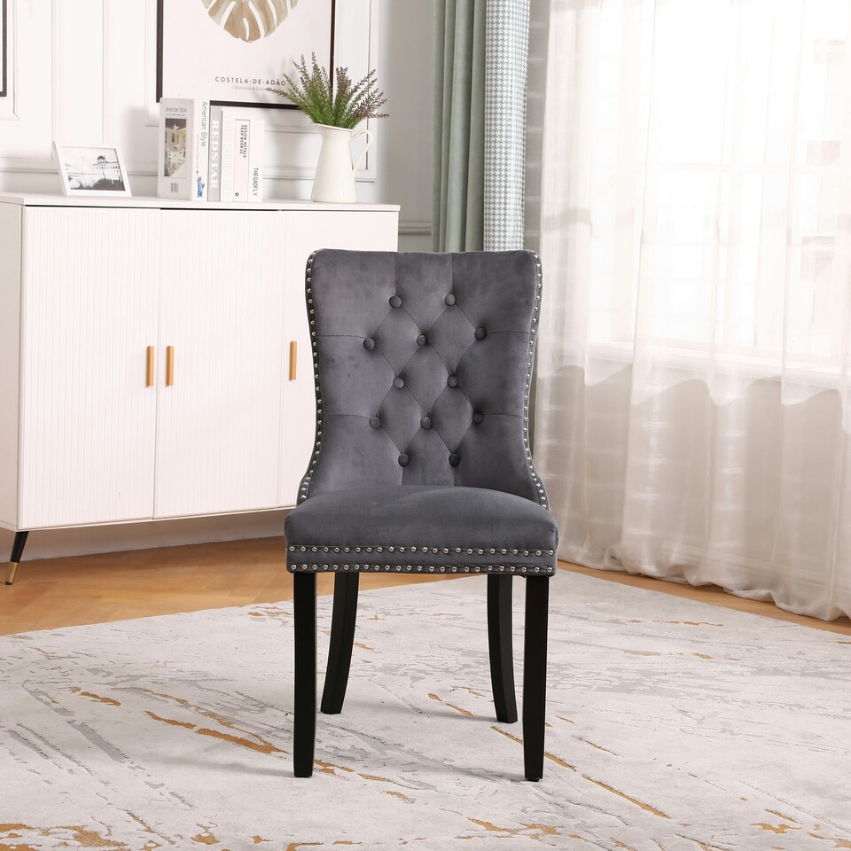 image 1 of Dark Grey Set of Four Studded Velvet Dining Chair with Ring Knocker Detail Grey | Dark Grey