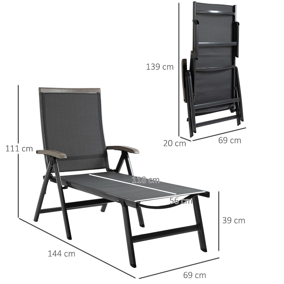 image 1 of Outsunny Outdoor Folding Sun Lounger, 5-Position Adjustable Chaise Lounge Chair with Aluminium Frame for Patio, Pool and Garden, Grey