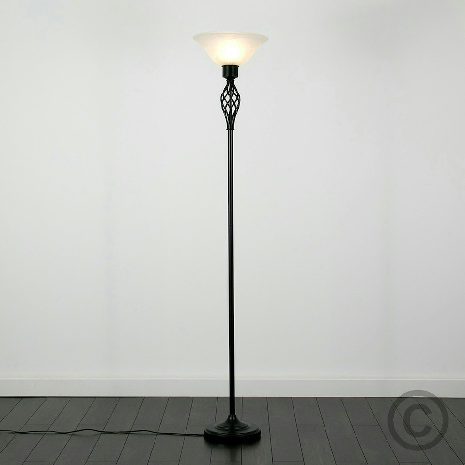image 1 of ValueLights Traditional Style Satin Black Barley Twist Floor Lamp With Frosted Shade Black