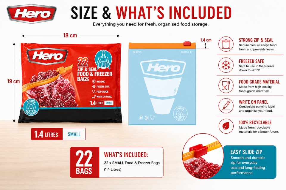 image 1 of Hero Zip Seal Food & Freezer Bags Small 1.4L – 22 Reusable BPA Free Zip Lock Food Storage Bags for Sandwiches, Fruit, Meat, Vegetables, Snacks & Travel | Clear | Clear | 1.4L | 22