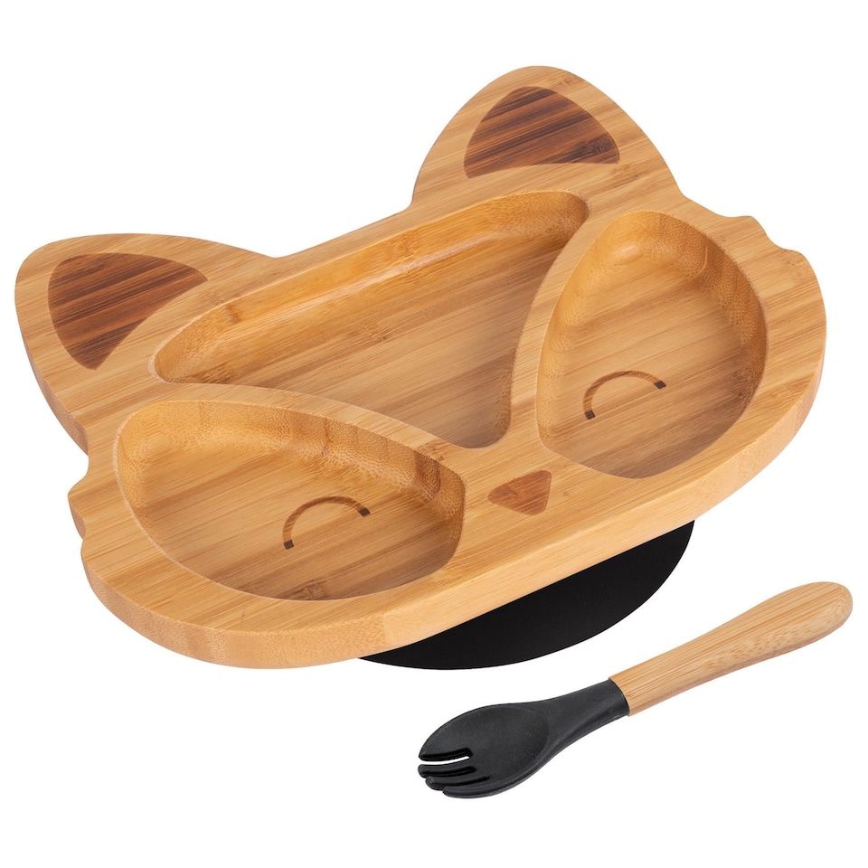 image 1 of Tiny Dining Bamboo Fox Baby Weaning Plate & Fork Set - Black