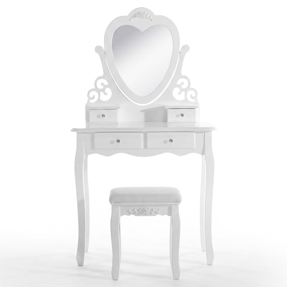image 1 of Dressing Table with Heart Shaped Mirror and Stool Makeup Vanity Mirror Hollywood Table